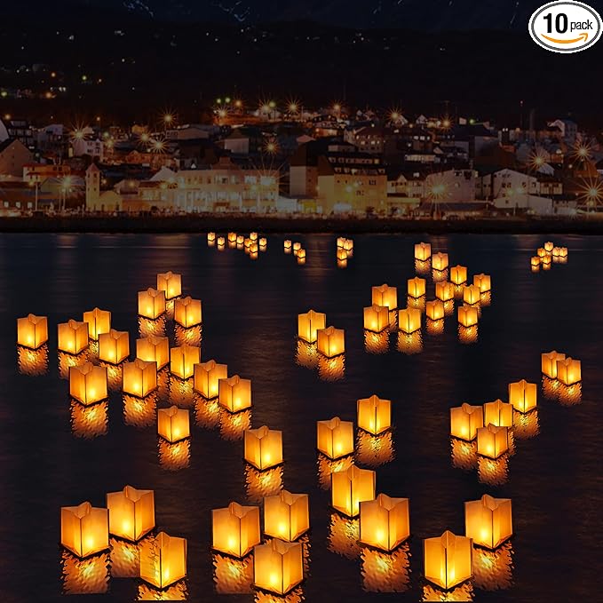 20 Pack 6" Star Shaped Floating Lanterns with Waterproof Wooden Base Sets, Paper Water Lanterns Decoration with LED Tealight Candle (20Sets Lanterns+Candles)