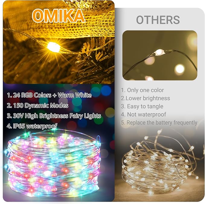 OMIKA Fairy Lights Plug in, 80FT 240 LED Fairy Lights with Remote, 150 Lighting Modes String Lights Indoor, RGB Colors+Warm White Fairy Lights for Bedroom Party Outdoor Decor