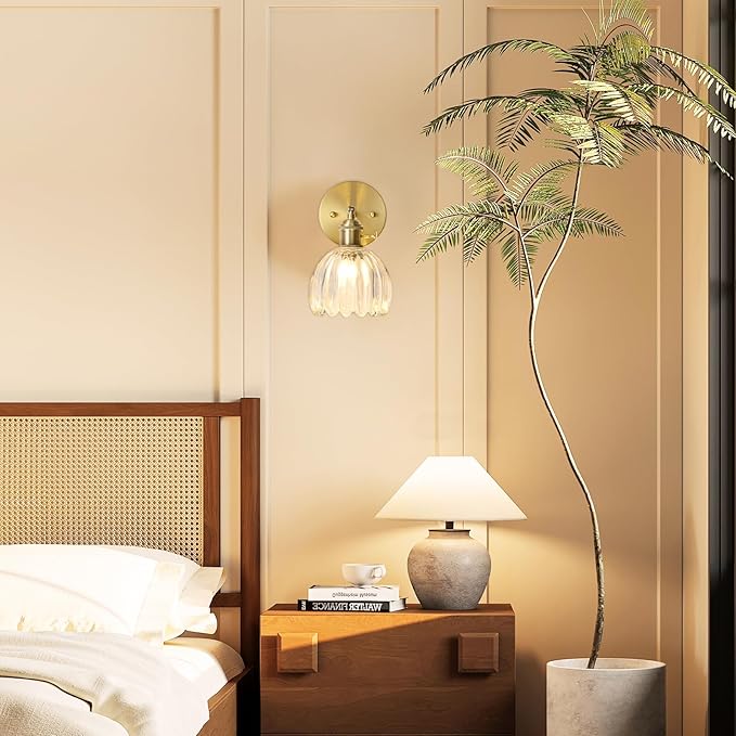 Wall Sconces Set of Two Hardwired, Vintage Sconce Light with Tulip Transparent Glass Lampshade, Bathroom Wall Lights with Switch, Gold Wall Light Sconces Wall Decor Set of 2