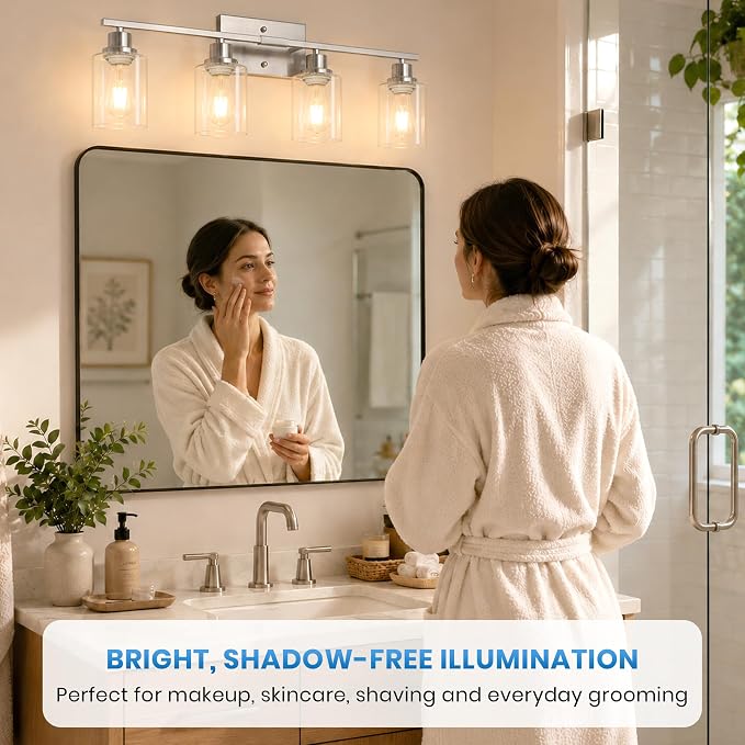 Ascher 4 Light Bathroom Light Fixture, Brushed Nickel Bathroom Lighting Fixtures Over Mirror, Vanity Light with Clear Glass Shade, Wall Sconce for Living Room Bedroom Cabinet, E26 Base