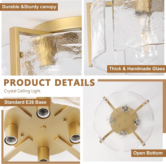 Gold 4-Light Semi Flush Mount Ceiling Light,17.7'' Modern Glass Drum Fixture,Farmhouse Hallway Light Fixtures,Ceiling Lights for Foyer Entryway Bedroom Kitchen Island Dining Room Living Room