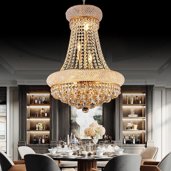 18" W 9 Light Luxury Foyer Chandeliers, Unique Empire K9 Crystal Chandelier for High Ceiling Foyer Entryway Living Room (Gold)