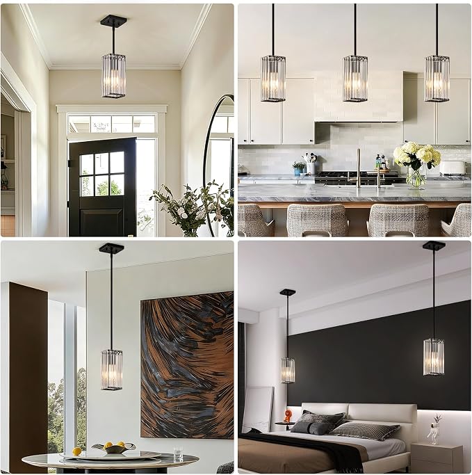 Modern Crystal Pendant Lights Kitchen Island, 1-Light Black Hanging Light with Clear Crystal Shade, Adjustable Height Pendant Lighting for Kitchen Island Dining Room Bedroom Bar Entryway
