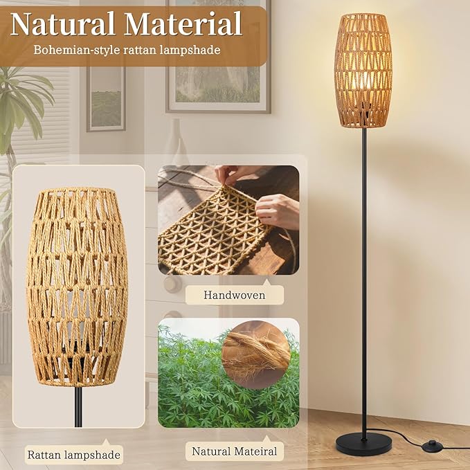 Ruiever Floor Lamp for Living Room,Farmhouse Floor lamp,Modern Standing lamp with Hand-Worked Rattan Shade (Drum Rattan Shade Black Body Color-3 Color Bulb)