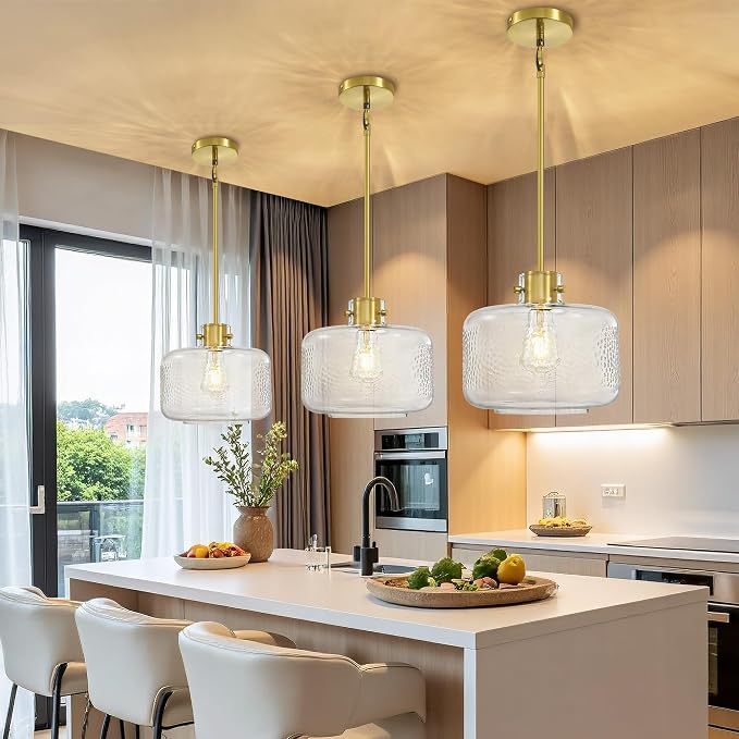 Gold Pendant Lights Kitchen Island with 9.84in Hammered Glass Shade 1Pack | Handcrafted Glass Pendant Light Fixtures, UL Certified, E26 Base 100W Max, Height-Adjustable, Dimmable Hanging Pendant Light