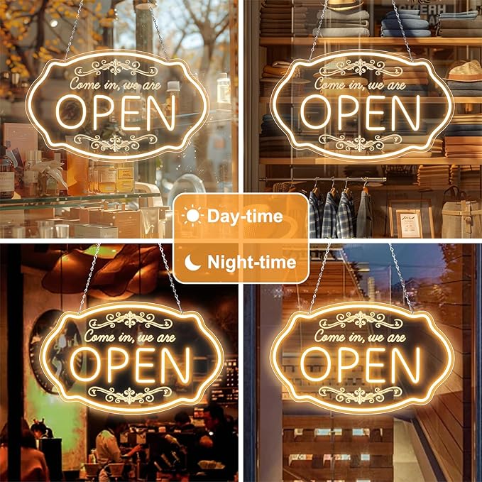 LED Neon Open Sign for Business, 16.5x10'' Come in We’re Open Sign, Warm White Adjustable Brightness Neon Lights for Party, Bar, Salon, Stores, Hotel, Wall Decor, Clubs, Hotels