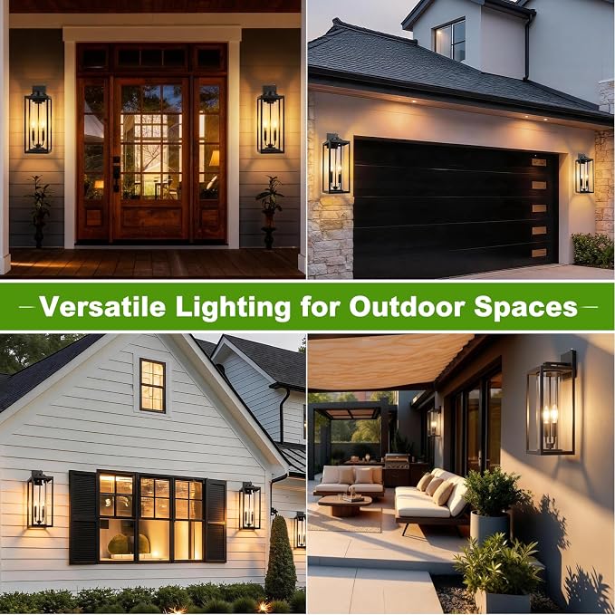 Extra Large 24 Inch Outdoor Wall Lights, Dusk to Dawn Sensor, Black, 2-Pack | IP65 Waterproof, Anti Rust, Tempered Glass, E12, 2-light, Weather-Resistant, Modern, Outside, Porch, Garage and Entryway