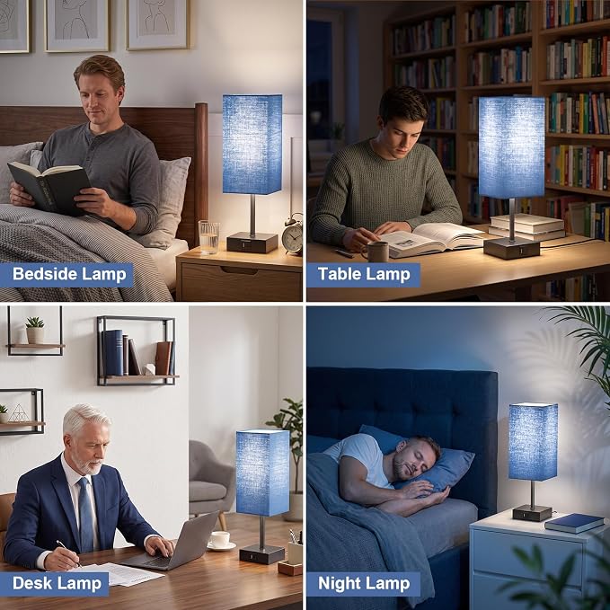 Bedside Table Lamps for Bedroom Touch Nightstand Lamp with USB C+A | Set of 2 Navy Blue Lampshade 14-inch, 3 Way Dimmable, Small Bedside Lamps for Living Room ,Dorm, Office, LED Bulbs Included