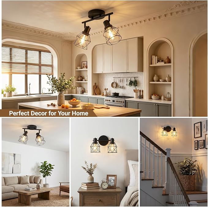 LOUSACE 2-Lights Kitchen Light Fixtures Ceiling Mount, Adjustable Flush Mount Ceiling Light with Metal Cage, Farmhouse Track Spotlight Ceiling Fixtures for Dining Room Entryway Living Room