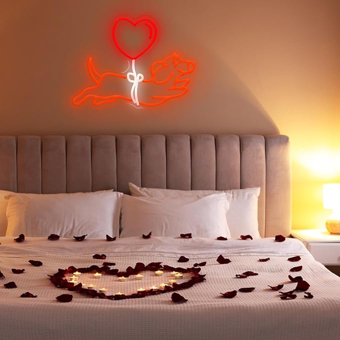 Dachshund Heart-Shaped Balloon Neon Sign Cute Puppy with Red Balloon Neon Light Adorable Dog Light Up Sign for Wall Decor Pet Store Pub Bedroom Party
