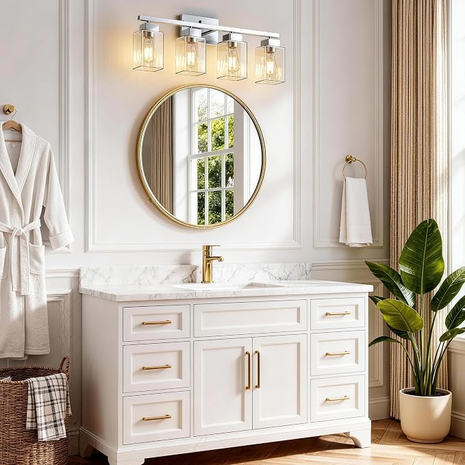 4-Light Bathroom Light Fixtures, Brushed Nickel Modern Vanity Lights, Bathroom Lighting Fixtures Over Mirror, Square Design Farmhouse Wall Sconces with Clear Glass Shades