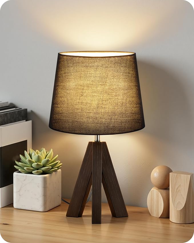 Small Table Lamp for Bedroom, 14.6" Bedside Lamp with Black Linen Shade & Walnut Wood Tripod Base, Modern Nightstand Lamp, Blak Lamp for Living Room, Nursery, Entryway, E26 Socket, VB51TL05