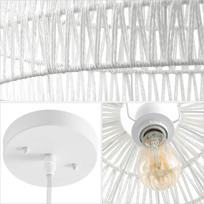 JONATHAN Y Campana 1-Light Pendant Dome Ceiling Lamp, 20", White | Modern Coastal Farmhouse Decor, Adjustable Height, Woven Rope Metal Frame, LED Bulb Included, UL Listed