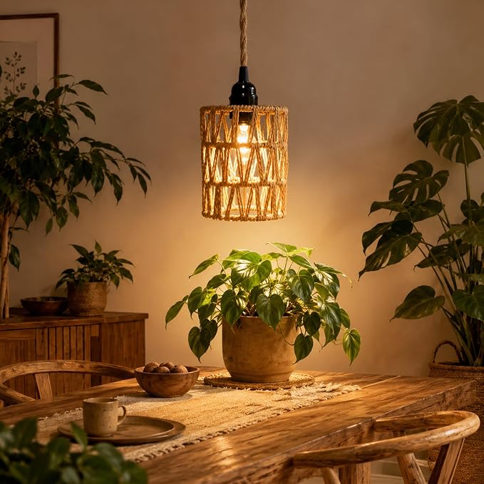 2 Pack Hanging Grow Lights for Indoor Plants Boho Rattan Plant Light | 15FT Power Cord with Timer, 15W Full Spectrum Pendant Plant Lights for Indoor Growing Greenhouse Flowers Home Decor