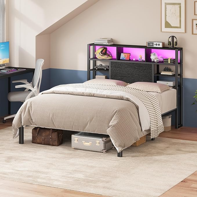 Homkdom Full Bed Frame with Storage Headboard and Charging Station,Black | LED Lights,12.2" Under-Bed Storage,Supports up to 1100 LBS,No Box Spring Needed,Noise-Free,Easy Assembly