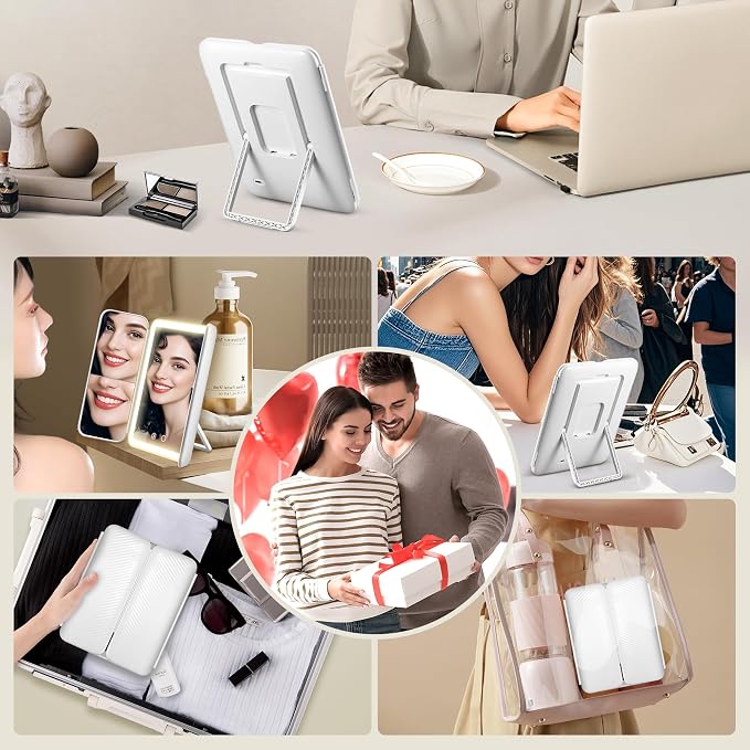Makeup Mirror with Lights and 30X/10X/5X Magnification, Vanity Mirror with 3 Color Lights, Rechargeable, Detachable, Lighted Makeup Mirror with Magnification, Trifold Mirror, Gifts for Women