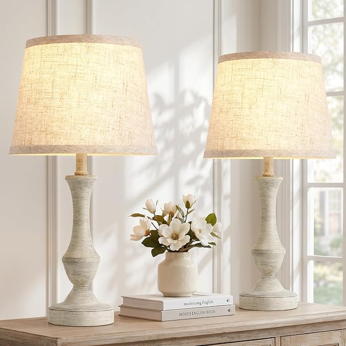 Luvkczc Table Lamp Set of 2, 19" Cottage Core Resin Bedside Lamps Nightstand Lamp for Living Room & Bedroom, Linen Shade Desk Lamps Office, Study(Bulb not Included)