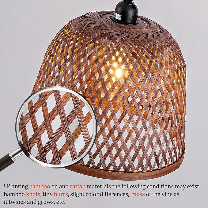 3-Pack Bamboo Pendant Light,Mini Brown Rattan Chandelier | Boho Curry Bamboo Rattan Pendant Lights,Hand Woven Rattan Chandelier for Kitchen Island Dining Bedroom Living Room
