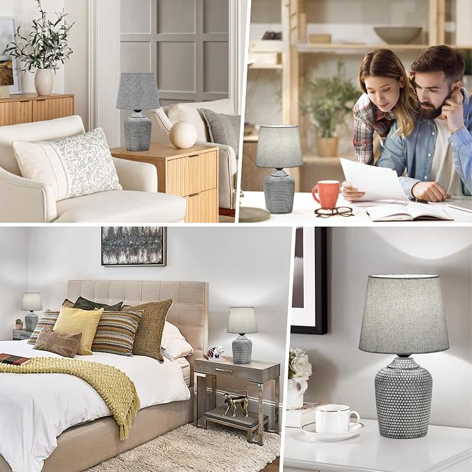 11.8’’ Small Table Lamps Set of 2 for Bedroom Kid’s Room Home Office, Gray | Cute & Unique, Perfect for Bedside Nightstand Desk Nursery Reading, Fabric Shade