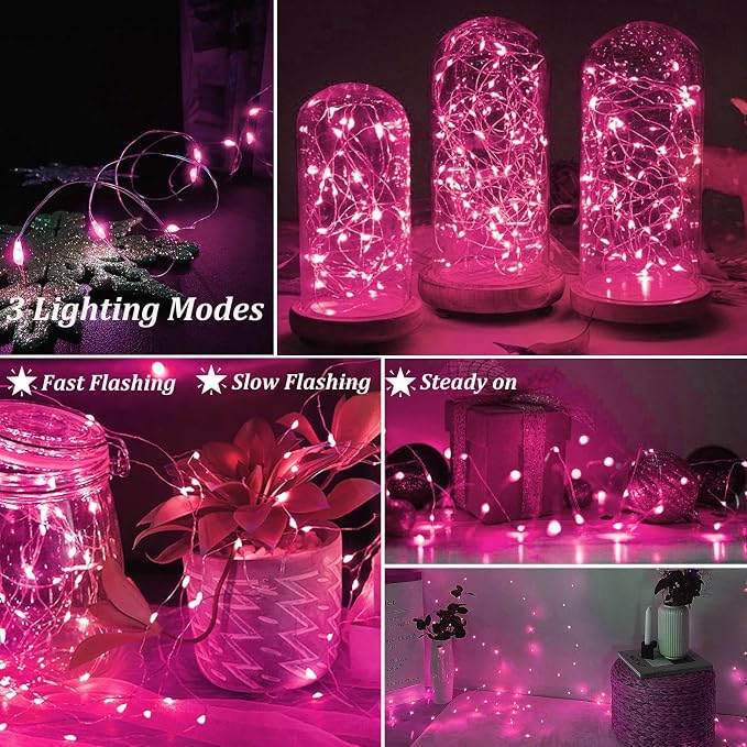 AIKEI 48 Pack LED Fairy Lights Battery Operated, String Lights Waterproof 7 Feet 20 Led Firefly Starry Lamps for Wedding Party Bedroom Garden Valentines Christmas Decoration Pink