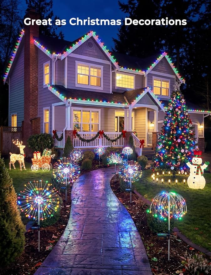 Multicolor Solar Lights Outdoor, 2 Pack 180LED Solar Garden Lights for outside, 8 Modes Firework Fairy light for Yard Pathway 4th of July Carnival Juneteenth Christmas Decor, Red/Yellow/Blue/Green | Red/Yellow/Blue/Green, 8 Modes Firework Fairy Light, ...