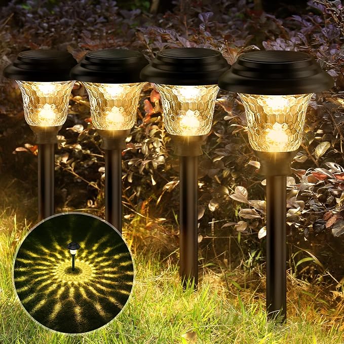 Glass Solar Lights Outdoor waterproof, 8 Pack Super Bright Solar Pathway Lights, Up to 12 Hrs Long Last Auto On/Off Garden Lights Solar Powered, Stainless Steel LED Light For Yard Landscape Warm White