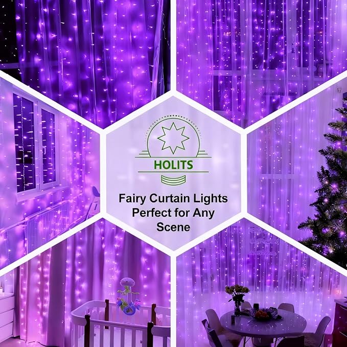 300 LED Fairy Curtain Lights, 9.8 x 9.8FT Purple USB Plug in 8 Modes Hanging Lights with Remote for Christmas, Bedroom, Indoor, Outdoor, Weddings, Party (Purple)