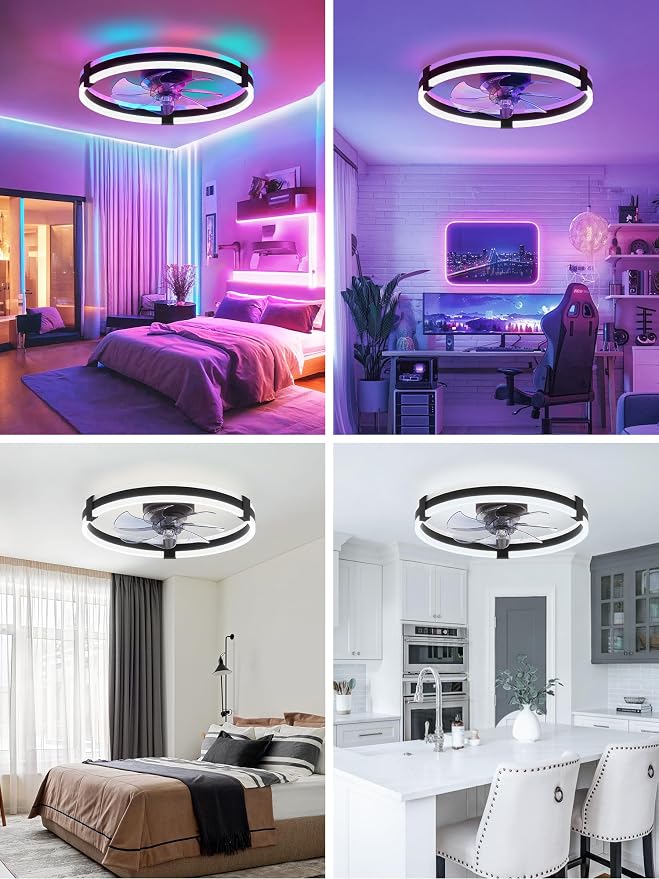 ZMISHIBO 20" RGB Low Profile Ceiling Fans with Lights and Remote, Black | Custom RGB+3CCT Dimmable, 6 Speeds, Remote/App Control, Reversible DC Motor, Memory, Timer, Modern Fandelier for Kids/Bedroom