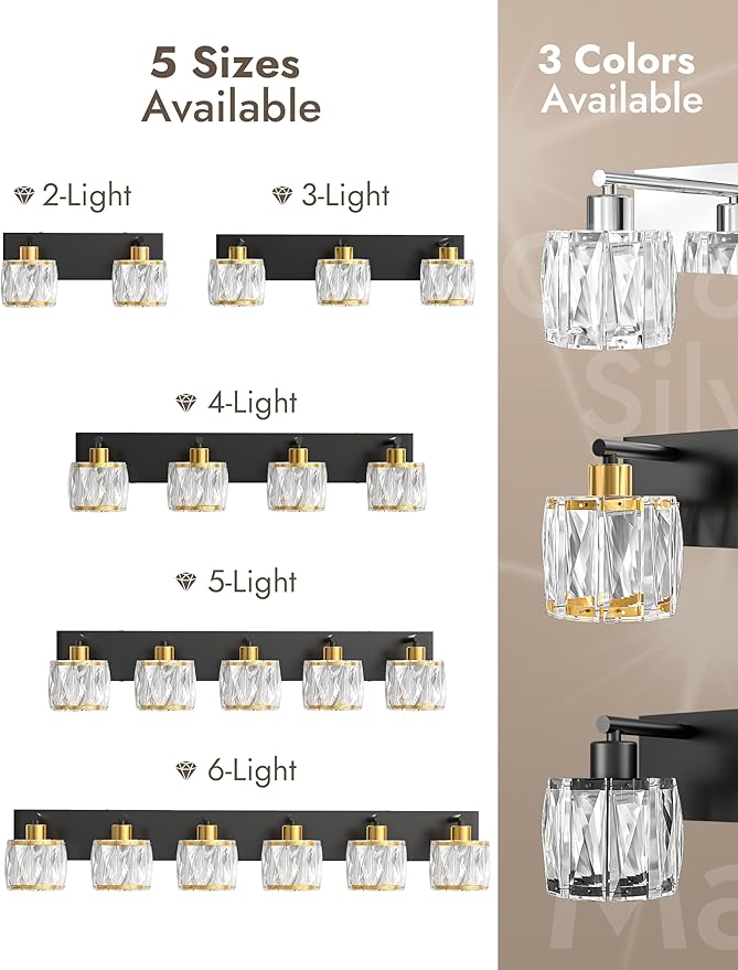 VOLISUN Crystal Vanity Lights for Bathrooms, 4 Light Bathroom Vanity Light, Black and Gold Bathroom Light Over Mirror, Modern Bathrooms Lights Fixtures-UL Certificated(Exclude Bulb)