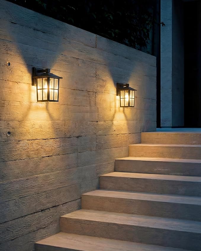 KDG Outdoor Waterproof Patio Wall Light Fixtures Set of 2, Black E26 Socket Exterior Lanterns with Tempered Glass, Modern Wall Mounted Lamp Suitable for Home, Front Door, Garden, Garage, Porch