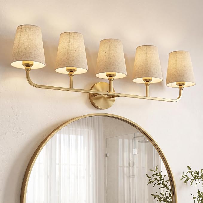 5-Light Brushed Gold Bathroom Vanity Light, Brown Linen Fabric Shade | 35 Inch gold bathroom light fixture over mirror, UL listed, E26 bulbs, hardwired, upward only, VL837-BG-L-5