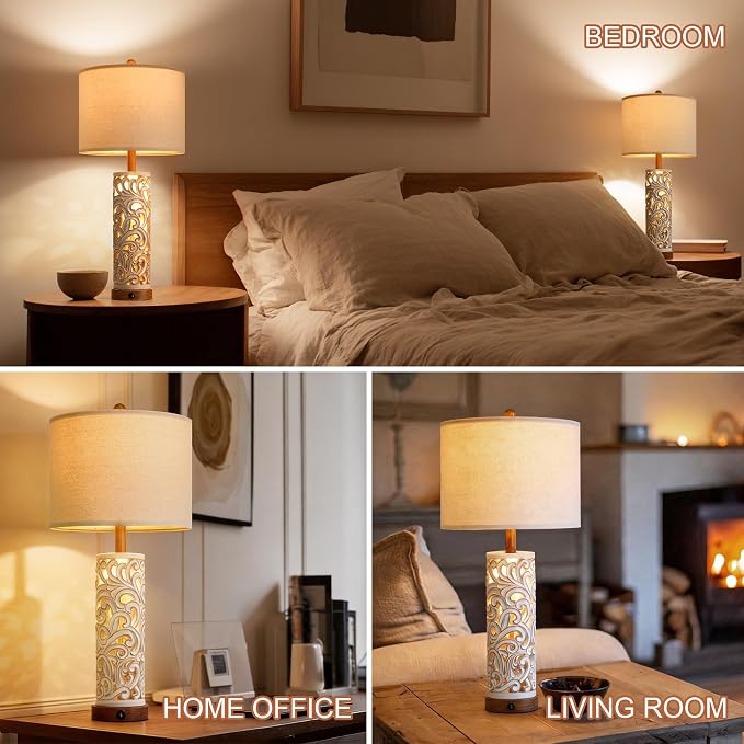 2-in-1 Light Table Lamp Set of 2 for Living Room, 28.5" Farmhouse Bedside Lamps with USB Charging Port, Main&Night Light & Dual Switches, Nightstand Lamp for Bedroom Home Office(Bulb Included)