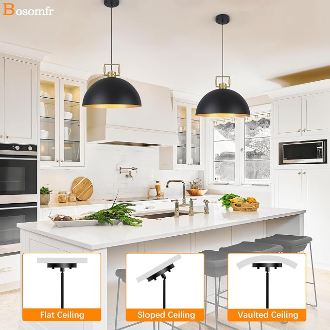 16" Farmhouse Pendant Light Fixture for Kitchen Island Black and Gold Large Dome Chandelier Light Modern Industrial Pendant Light Fixtures for Kitchen Island, Hallway, Dining Room, Bedroom
