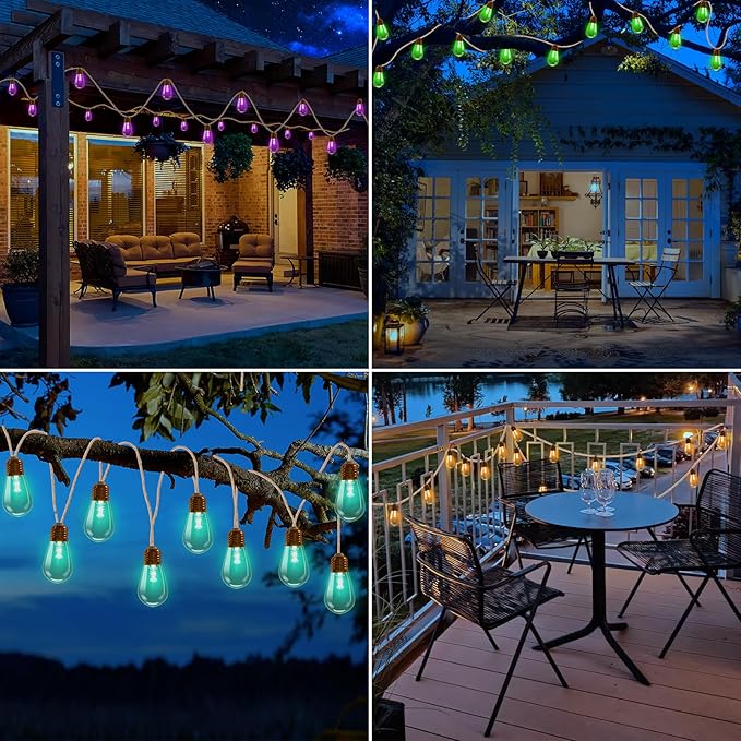 Colors Changing Solar String Lights Outdoor, 20Ft Rope Hemp Patio Lights | 16 Waterproof Shatterproof Bulbs Color Change Solar Light for Garden Yard Fence Proch Wedding Party - Warm White & RGB