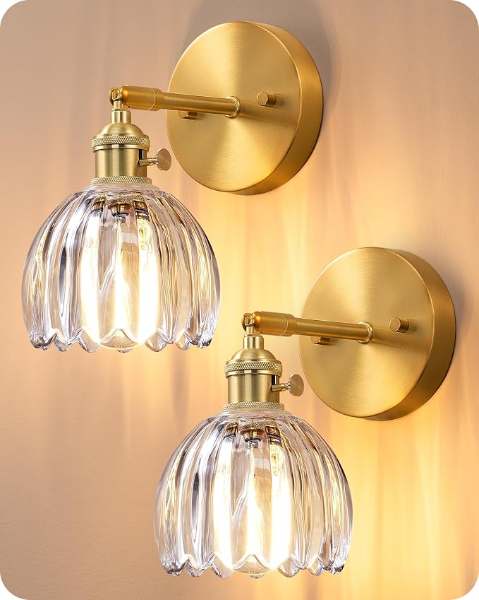 EDISHINE 2-Pack Brass Gold Sconces, 180° Adjustable Tulip Glass Wall Lamps | Hardwired, Rotary ON/OFF Switch, E26, Vintage & Modern Style for Bathroom, Bedroom, Hallway