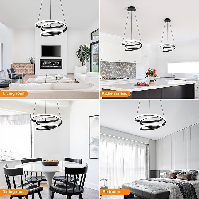 Mayful Modern Chandelier with Remote Control, 3-Color Dimmable LED Pendant Light Fixtures, Height Adjustable Kitchen Island Lighting for Dining Room,Bedroom,Living Room,Foyer,Office Black 13.78 inches