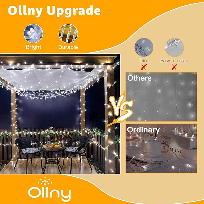 Ollny 120LED 40FT String Lights, Cool White Plug in Fairy Lights with Timer 8 Modes, Waterproof Connectable Indoor Light for Bedroom Wedding Classroom Outdoor Holiday Party Decorations