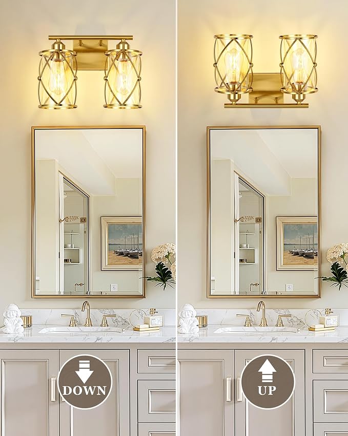 2-Light Brushed Gold Bathroom Light Fixtures, 13.8 Inch Modern Bathroom Vanity Lighting Fixtures Over Mirror with Clear Glass and Metal Cage Wall Sconce Lights for Bath, E26, CH9176BG-2W