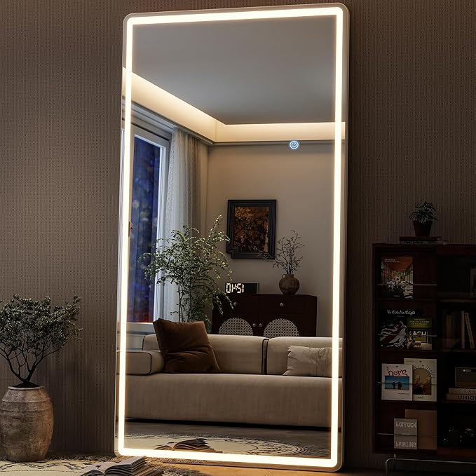 34x76 inch Full Length Mirror with Lights, LED Full Body Mirrors | Stepless Dimmable 3 Color Lighting Floor Standing/Hanging/Leaning/Wall Mounted Vanity Mirror for Bedroom Cloakroom (Rect)