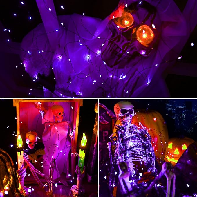 Brizled Solar Halloween Purple Fairy Lights, Outdoor Halloween String Light | 2 Pack Total 78FT 240 LED; 8 Modes; Waterproof Mni Twinkle Lights Black Wire for Outside Party Tree Fence Garden Decorations