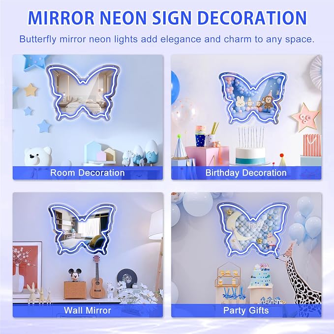 Butterfly Neon Sign Mirror, Neon Sign for Wall Decor, LED Butterfly Light with Dimmable Brightness, 15.7" x 12" Mirror Neon Sign for Girls Room, Teen Bedroom Decor, Birthday Party Gift, USB Powered Blue