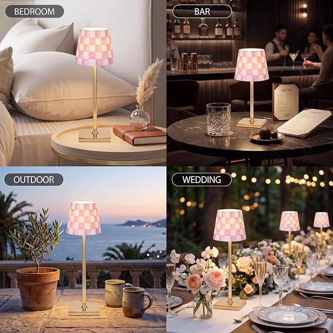 Pickmesh 1 Pack Pink Checkered Mahjong Cordless Lamp Scalloped Edge Mahjong Print LED Lamp 3 Color Dimmable Rechargeable Stylish Lamps for Mah Jong Table Living Room Nightstand Desk