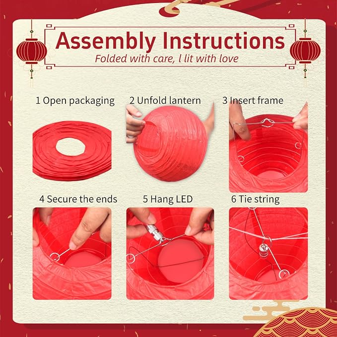 Red Chinese Paper Lanterns with LED Lights, 10-Pack 12inch | Hanging Lights for Chinese New Year, Anniversary, Birthday Decorations, Ceiling Decor & Home Party