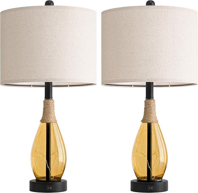 23" Table Lamps for Living Room Set of 2 Bedside Lamps for Night Stands Bedroom Lamps Farmhouse Rattan Boho Lamp Glass Nightlight End Table Lamp,Two Light Points