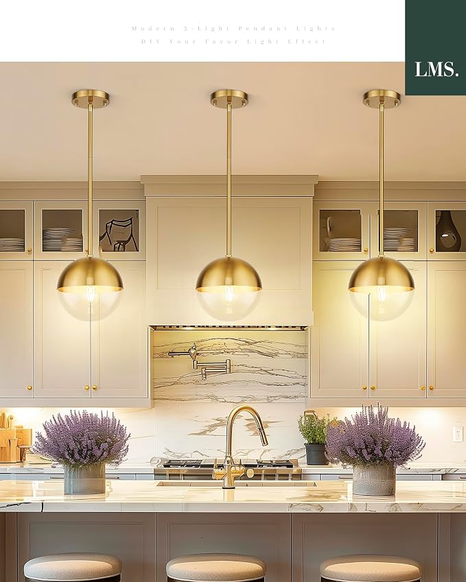 Mid Century Pendant Light Fixtures, Brushed Gold Farmhouse Pendant Light with Clear Globe Glass Shade, Adjustable Hanging Rod Ceiling Light for Dining Room Bathroom Kitchen Island, LMS-186BGC