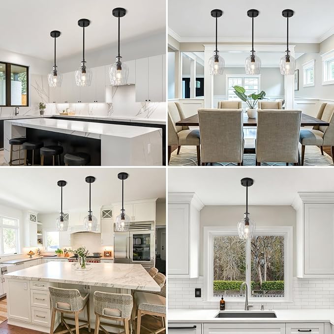 Black Pendant Lights Kitchen Island, 1 Light Modern Kitchen Island Lighting with Hand-Blown Hammered Glass, Adjustable Hanging Pendant Lights for Kitchen, Sink, Entryway
