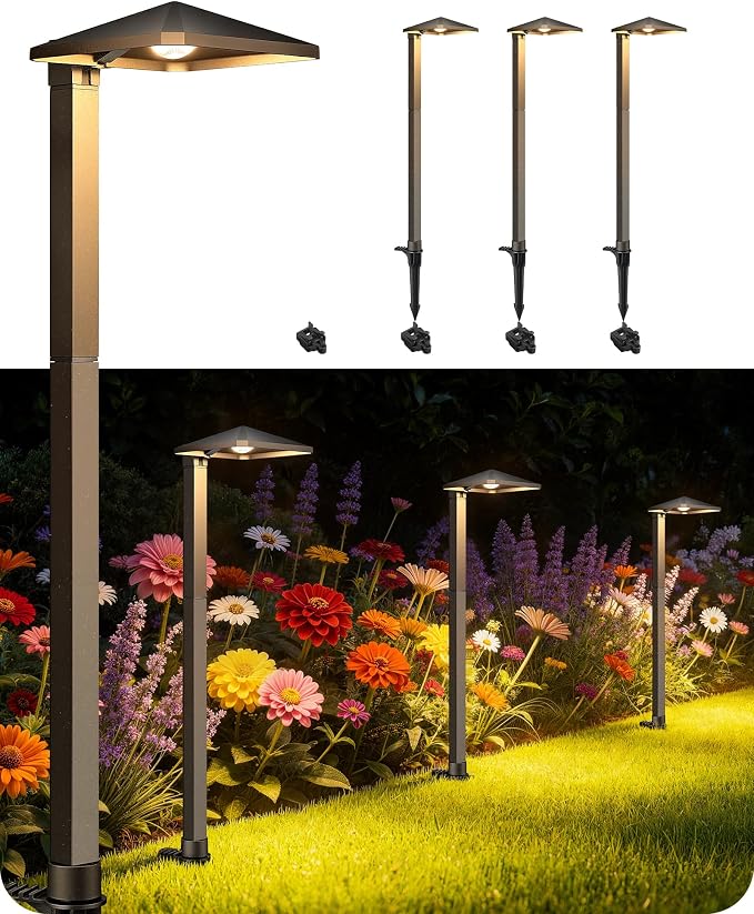 EDISHINE Low Voltage Pathway Lights, LED Landscape Lighting, 4 Pack | Pyramid Exterior, Aluminum, 3000K & 50000Hrs, Outdoor Path Lights Wired for Garden, Yard, Driveway