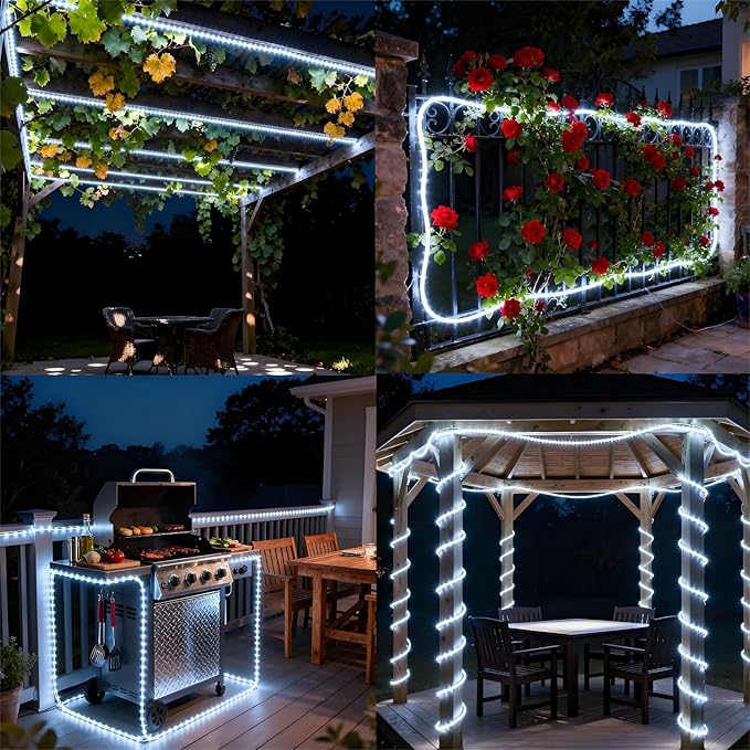 Solar Rope Lights Outdoor Waterproof, 66 Feet 200 LED 8 Modes Fairy Lights String Light, Cool White Tube Light with Solar Panel for Outside Garden Yard Patio Decoration