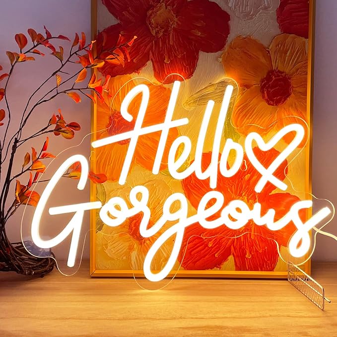 Hello Gorgeous Neon Signs for Wall Decor with Heart, Warm White Gorgeous LED Sign Lights for Bedroom Dorm Salon Wedding Party, 16"x12" Preppy Cute Room Decor Woman Cave - 100,000H Lifespan