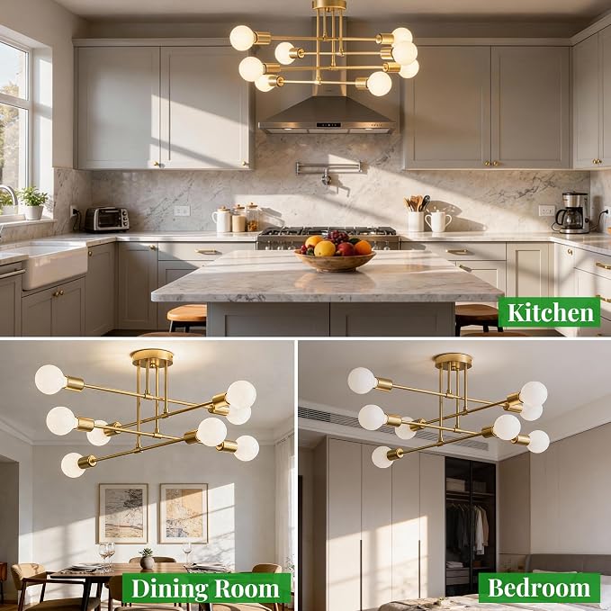 Modern Sputnik Chandelier Ceiling Light Fixtures, 8-Lights Mid Century Industrial Metal Semi Flush Mount for Dining Room, Bedroom, Living Room-Brushed Gold